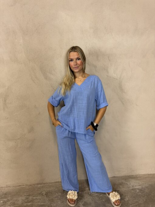 Bianca blus bomull med linnekänsla – blå